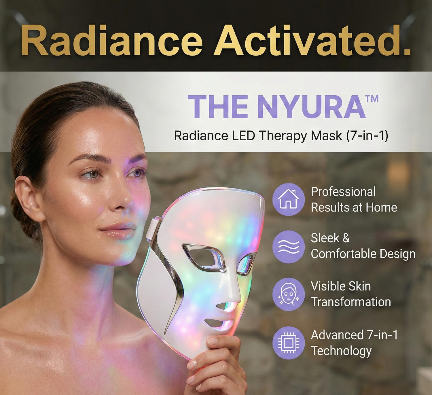 Woman holding a LED therapy mask with product features listed.